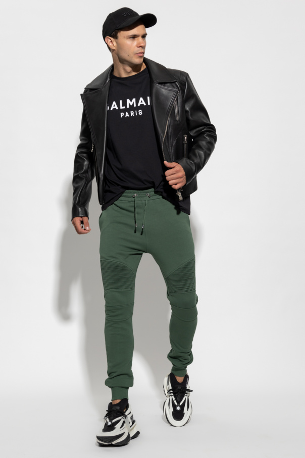 Balmain leather biker discount pants in green